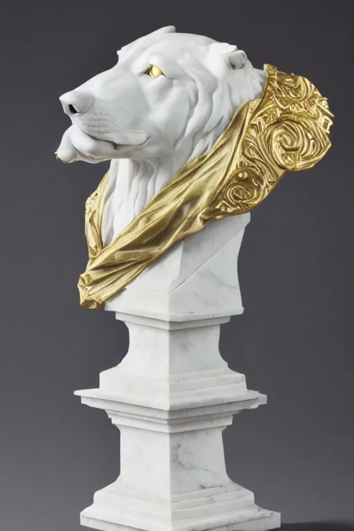 Image similar to a white marble bust of a wolf with gold filigree
