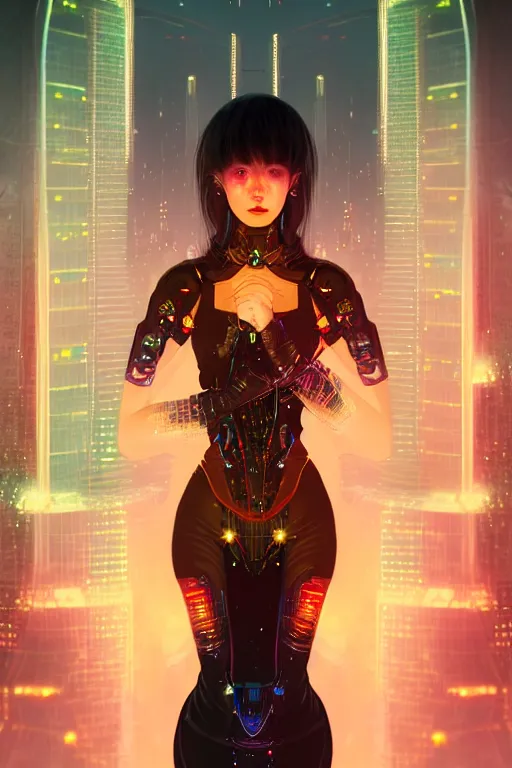 Image similar to portrait futuristic wizard Girl with fire and sparkles, in future cyberpunk tokyo rooftop , ssci-fi, fantasy, intricate, very very beautiful, elegant, human anatomy, human structure, neon light, highly detailed, digital painting, artstation, concept art, smooth, sharp focus, illustration, art by tian zi and WLOP and alphonse mucha