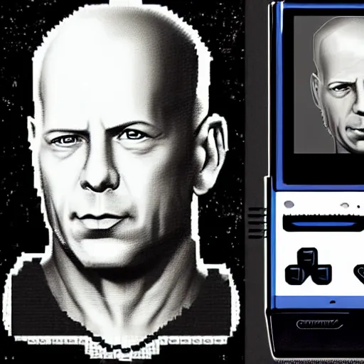 Image similar to coverart for a Gameboy videogame that just loads a picture of Bruce Willis, no other gameplay features