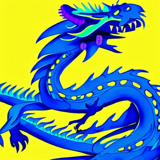 Image similar to illustration neon blue and yellow chinese dragon with ukraine background. trending on artstation