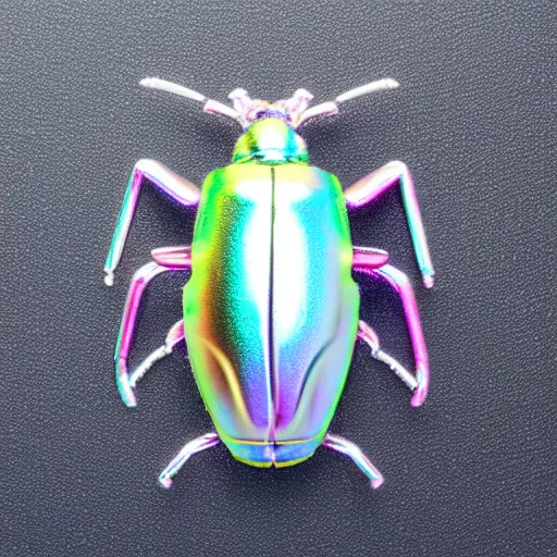 Image similar to iridescent metal cyber beetle. white background. macro