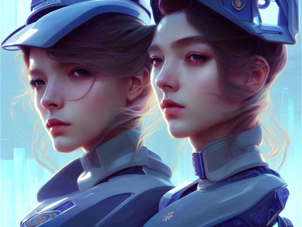 Image similar to portrait futuristic police uniform girl, at future neon light usa rooftop, ssci - fi and fantasy, intricate and very very beautiful and elegant, highly detailed, digital painting, artstation, concept art, smooth and sharp focus, illustration, art by tan zi and ayanamikodon and alphonse mucha and wlop