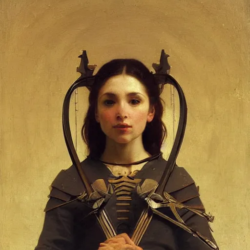 Image similar to portrait of a fully armed skeleton archer with big sword, wearing helmets and armor with wings, symmetrical, solemn, sacred, aura, by bouguereau h 7 6 8