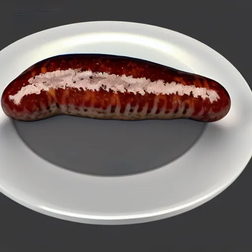 Image similar to realistic 3 d unreal engine render of a half fish half sausage alone on a plate, fish fins on a sausage