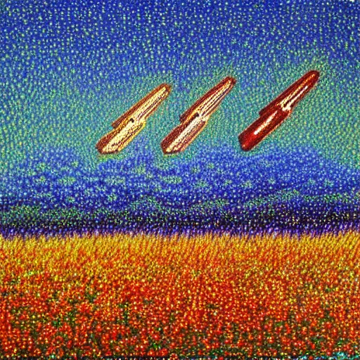 Image similar to three starship rockets landing in a field of flowers at sunset, pointillism and impressionist painting