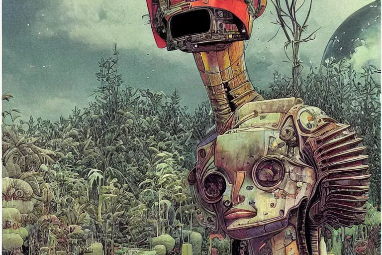 Image similar to gigantic robot - girl head floating in the space, a lot of exotic plants, trees, flowers, oldschool vintage sci - fi flat surreal grainy design, super - detailed, painting by enki bilal and moebius