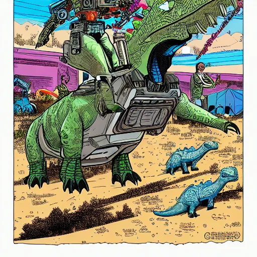 Image similar to detailed intricate colour illustration of a businessman with a laser pistol riding a mecha dinosaur, in the style of Geof Darrow