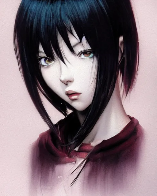 Image similar to portrait Anime goth girl, cute-fine-face, black-hair pretty face, realistic shaded Perfect face, fine details. Anime. realistic shaded lighting by Ilya Kuvshinov katsuhiro otomo ghost-in-the-shell, magali villeneuve, artgerm, rutkowski, WLOP Jeremy Lipkin and Giuseppe Dangelico Pino and Michael Garmash and Rob Rey