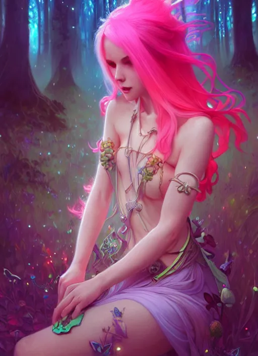 Image similar to stunningly beautiful female neon hair, fantasy art, fae priestess, mushroom forest landscape, dark light night, sharp focus, digital painting, 4 k, concept art, art by wlop, artgerm, greg rutkowski and alphonse mucha