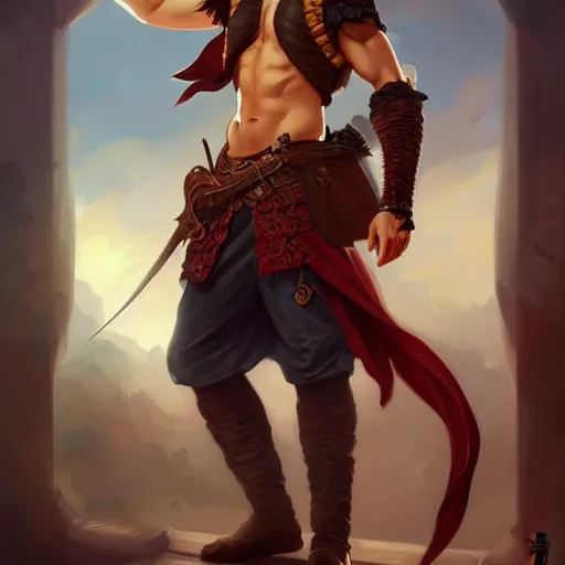 Prompt: full body shot of male pirate, D&D, handsome, amber eyes, muscular, fantasy, intricate, long hair, red hair, elegant, highly detailed, digital painting, artstation, concept art, smooth, sharp focus, illustration, art by artgerm and greg rutkowski and alphonse mucha