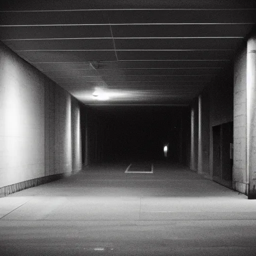 Prompt: a bipedal skunk in an empty parking structure at night, 28mm lens,