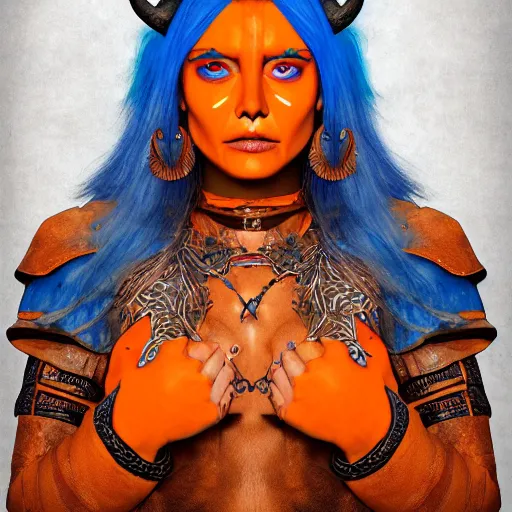 Image similar to illustrated portrait of beautiful ram-horned woman with orange skin and blue hair wearing leather armor, hyper detailed, photorealistic