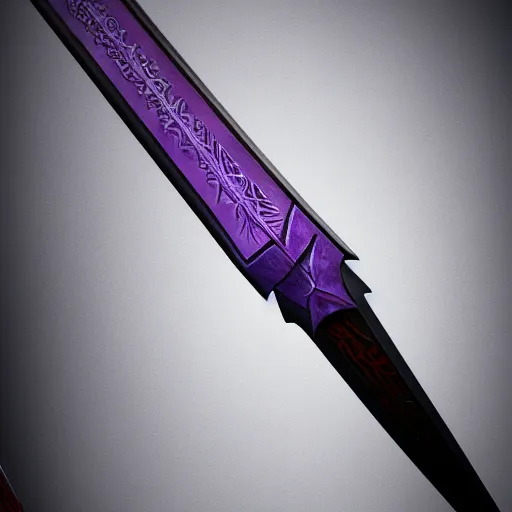 Prompt: european broad sword, narrow blade, vertical running runes on the blade, inscriptions on the blade, highly detailed, 4 k, 8 k, intrinsic design, light purple aura, cinematic lighting, dark grey tint metal, octane render, artstation