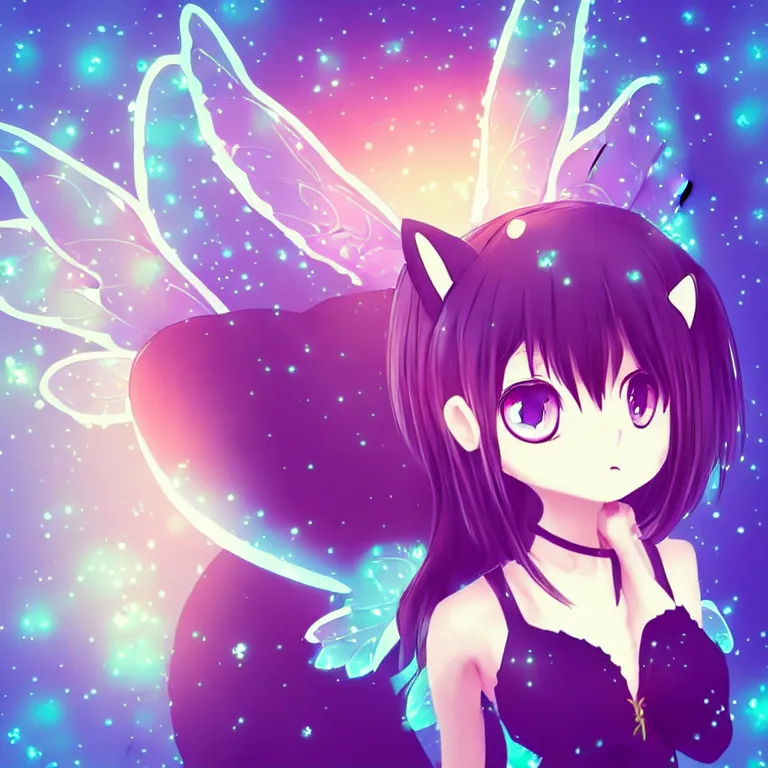 Image similar to cute, full body, female, anime style, a cat girl with fairy wings, large eyes, beautiful lighting, sharp focus, simple background, creative, heart effects, filters applied, illustration