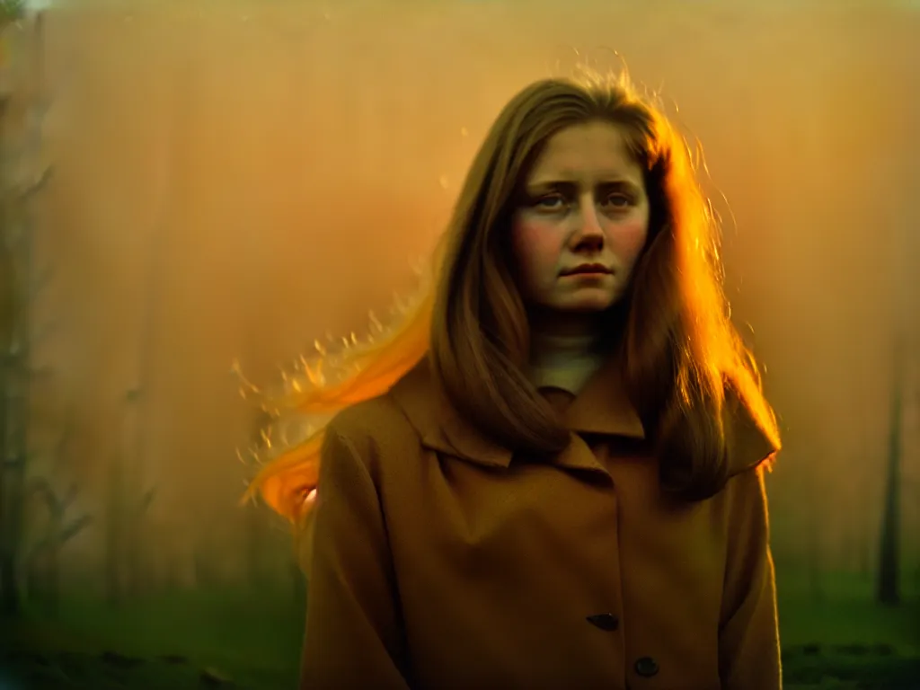 Prompt: portrait of a young woman, solemn expression, faded color film, russian cinema, tarkovsky, kodachrome, heavy birch forest, long brown hair, old clothing, heavy fog, atmospheric haze, brown color palette, sunset, low light, dramatic lighting