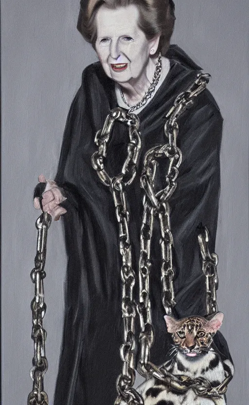 Prompt: an oil portrait of margaret thatcher in ceremonial robe keeping distressed servals in chains at her feet, high quality, artstation, higly detailed, dark lighting