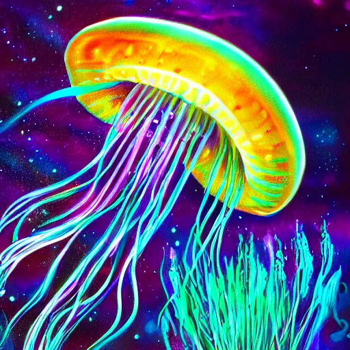 Prompt: beautiful iridescent jellyfish creature in magical realism luminescent airbrush underwater mystical world detailed painting 4 k