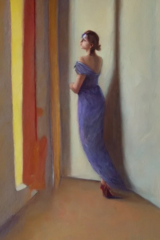 Prompt: oil painting, long view, hight detailed, woman sits in corner of empty room and look in the corner, back view, in style of neodada
