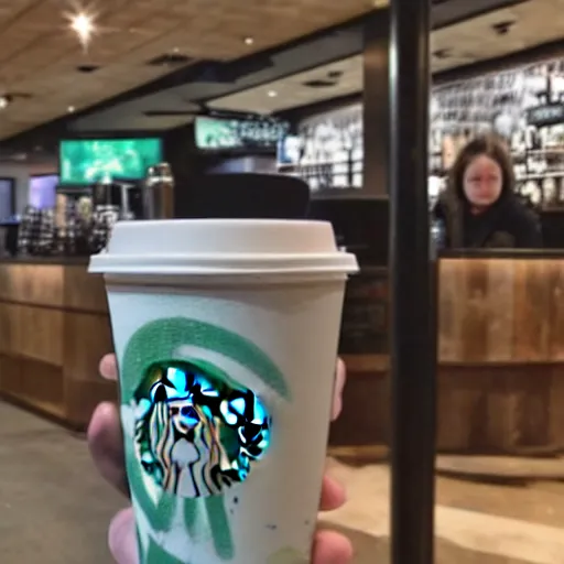 Image similar to a monster caught on cctv camera drinking at starbucks, blurry, photo realistic