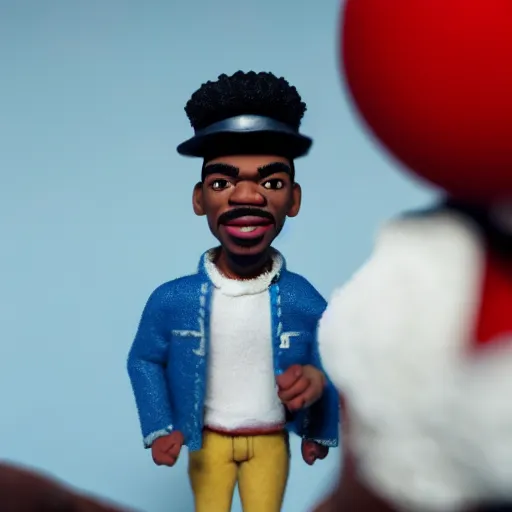 Image similar to a cinematic film still of a claymation stop motion film starring chance the rapper as a college student, shallow depth of field, 8 0 mm, f 1. 8