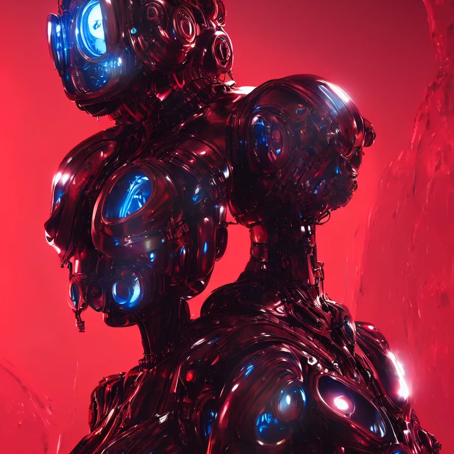 Image similar to portrait, super hero pose, red biomechanical dress, inflateble shapes, wearing epic bionic cyborg implants, masterpiece, intricate, biopunk futuristic wardrobe, highly detailed, art by akira, mike mignola, artstation, concept art, background galaxy, cyberpunk, octane render