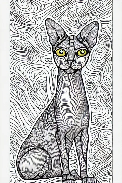 Image similar to sphynx cat statue ornaments fractal ink drawing line art colouring page, vector, margins, fine lines, centered