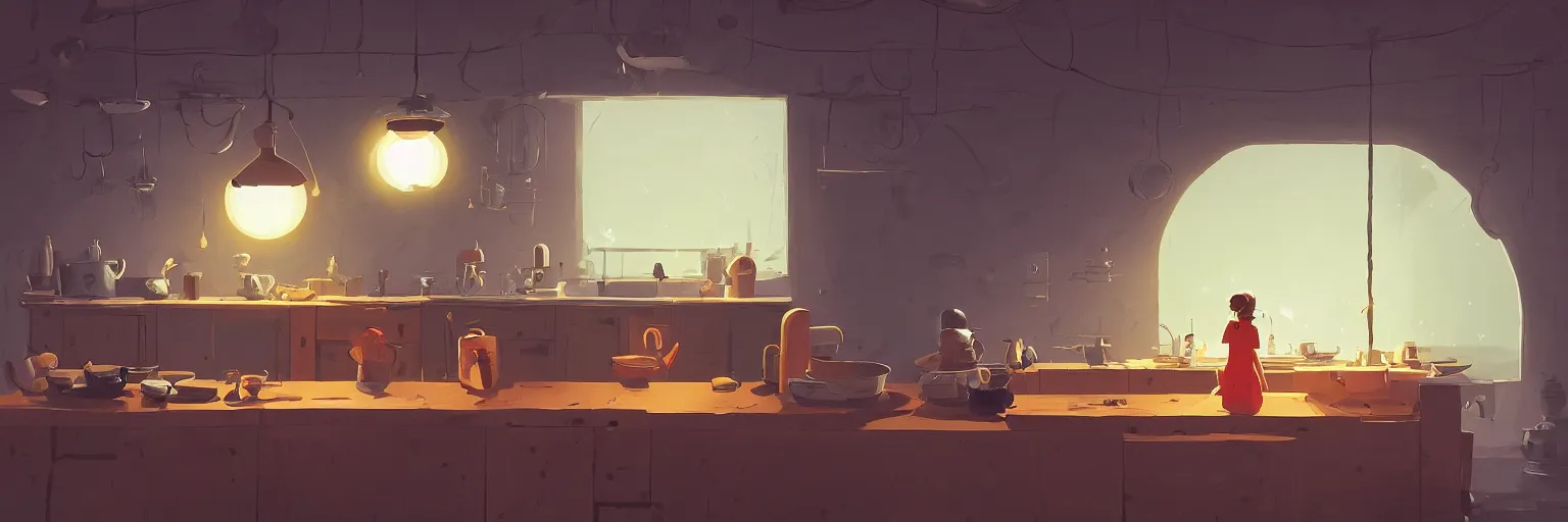 Image similar to epic illustration of a wooden kitchen dim lit by 1 candle doubly so by Goro Fujita and Simon Stalenhag , 8k, trending on artstation, hyper detailed, cinematic 'fisheye lense'!!!!!!!!!