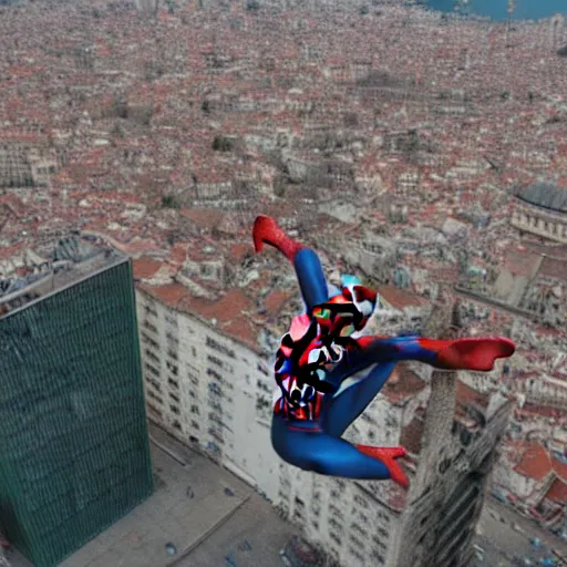 Image similar to Spider-man on top of the Galata Tower in Istanbul, photorealistic, 4K, 200mm lens