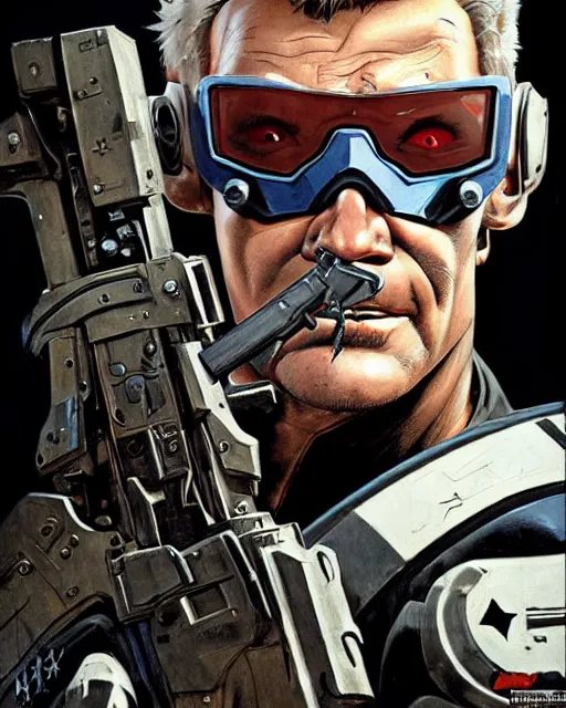 Image similar to soldier 7 6 from overwatch, heavey metal magazine cover, character portrait, portrait, close up, concept art, intricate details, highly detailed, in the style of frank frazetta, esteban maroto, richard corben, pepe moreno, matt howarth, stefano tamburini, tanino liberatore, luis royo and alex ebel