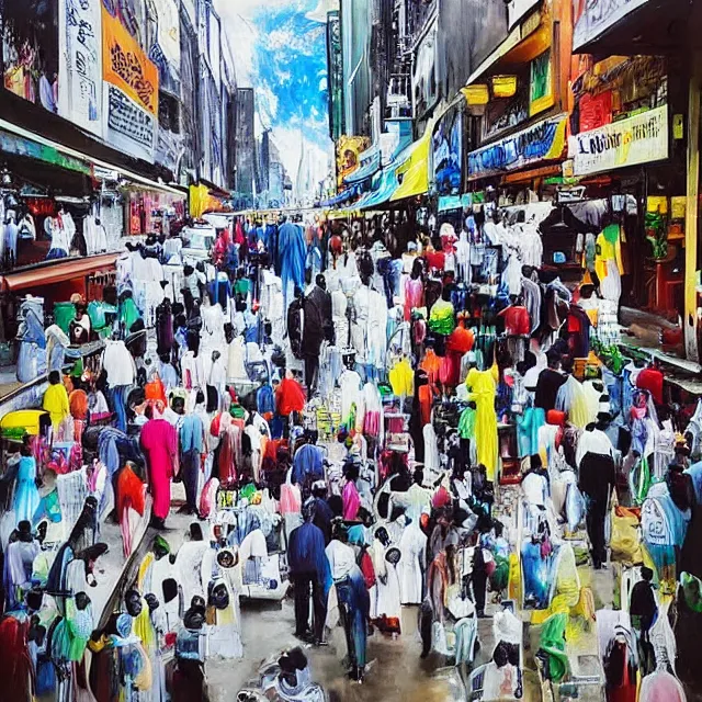 Image similar to “ a busy sidewalk in nairobi, pharmacy, street hawkers, medical supplies, pills and medicine, ikebana, herbs, a candle dripping white wax, squashed berries, berry juice drips, acrylic and spray paint and oilstick on canvas, surrealism, neoexpressionism ”