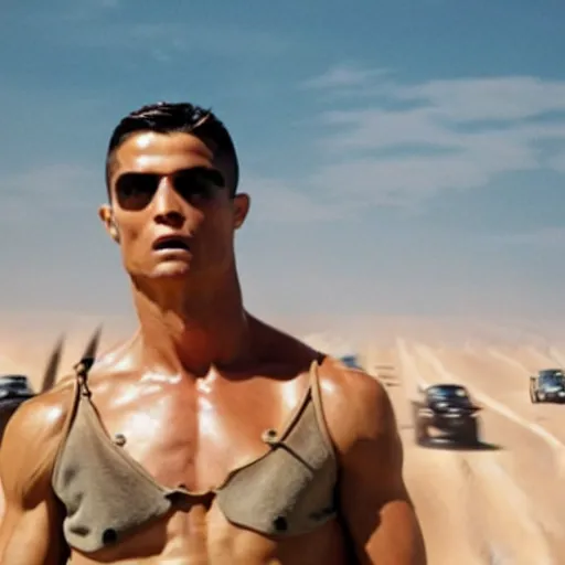 Prompt: cristiano ronaldo playing the drums in mad max fury road ( 2 0 1 5 ), movie still,