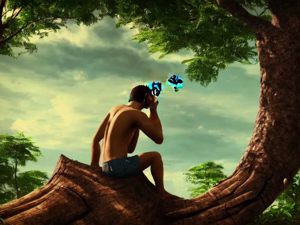 Prompt: highly detailed photo of one man from brazil, sitting on a tree trunk, looking to the left with binoculars, trending on deviantart, ultra realism, sharp focus, 4 k, octane, masterpiece