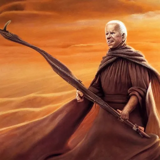 Image similar to joe biden as a photorealistic fremen Dune, shai hulud, freman, shai-hulud, artstation hall of fame gallery, editors choice, #1 digital painting of all time, most beautiful image ever created, emotionally evocative, greatest art ever made, lifetime achievement magnum opus masterpiece, the most amazing breathtaking image with the deepest message ever painted, a thing of beauty beyond imagination or words, 4k, highly detailed, cinematic lighting