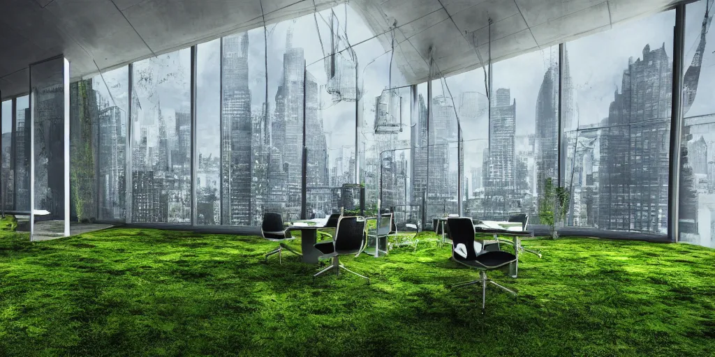 Prompt: an office with moss chairs, windows of an over grown city in the background hyper realistic digital art