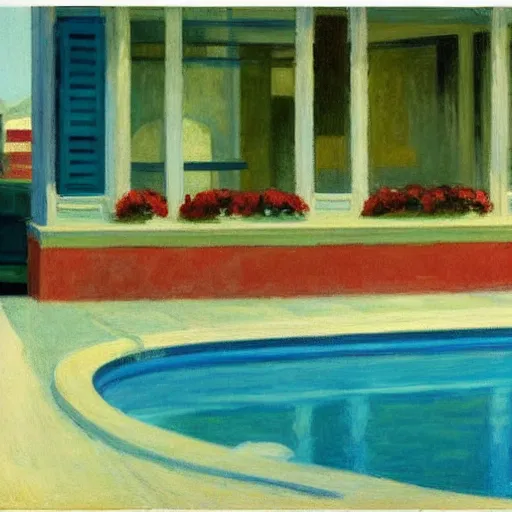 Prompt: a swimming pool in the middle of flowers by Edward Hopper