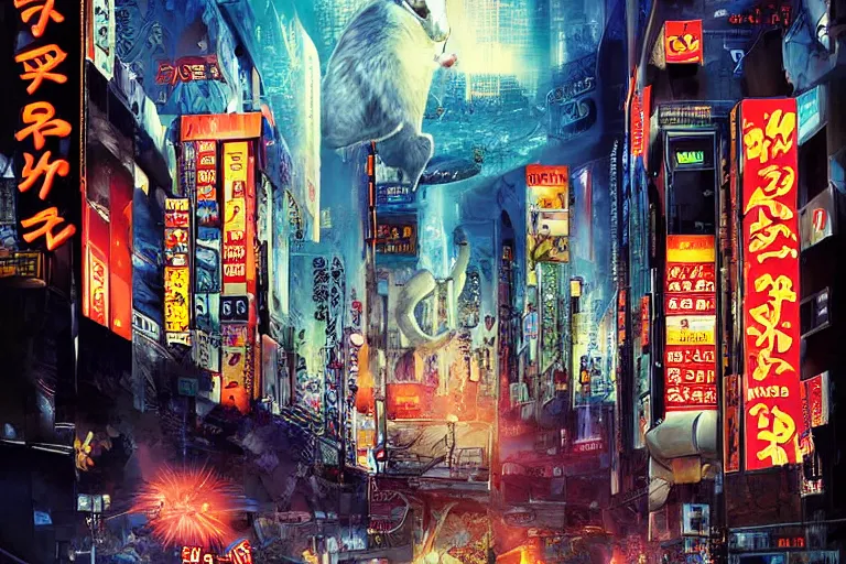 Image similar to cat attacking Tokyo, disaster movie poster, masterpiece, masterwork, cgstudio