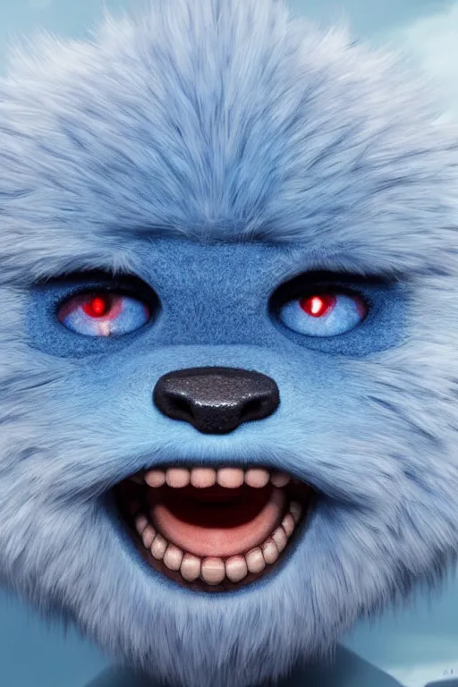 Image similar to a blue furry creature with [ bulging eyes ]!!!, [ large red lips ]!!!, sharp teeth, 4 k photorealistic [ quality ], trending on cgsociety, horror art, eerie art style