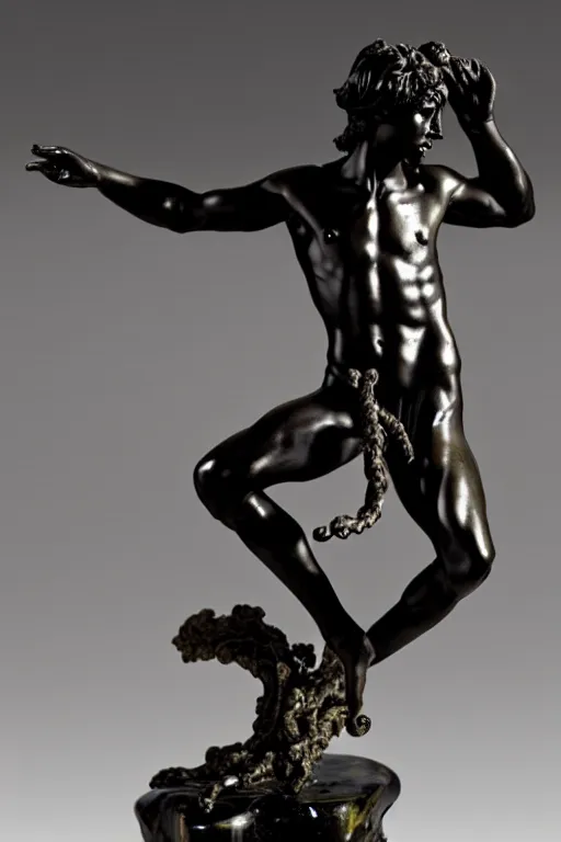 Image similar to intricate and detailed dancing Satyr statue made on polished obsidian by Antonio Corradini