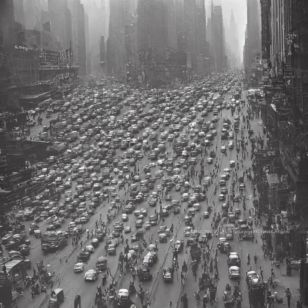 Prompt: a kodachrome photograph of a busy new york city street 1940s, early morning rush hour, morning light, photorealistic