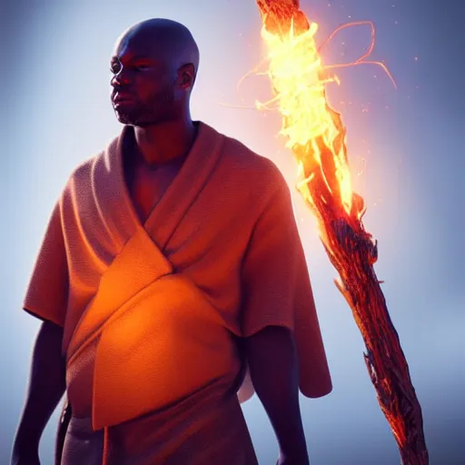 Prompt: William Gallas wearing tattered robes holding a glowing fire magical staff. Trending on Artstation, octane render, ultra detailed, art by Ross tran