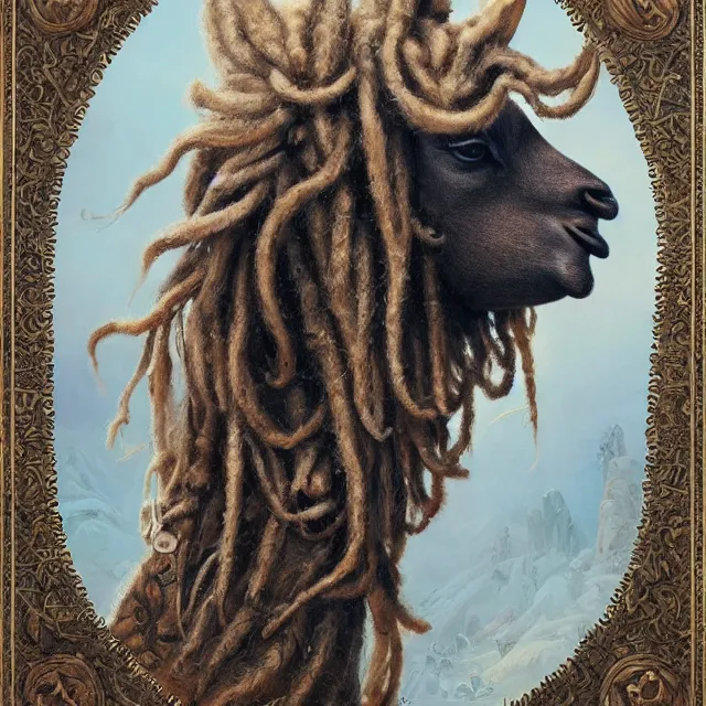 Image similar to llama with dreadlocks, ancient, by mandy jurgens, ernst haeckel, james jean