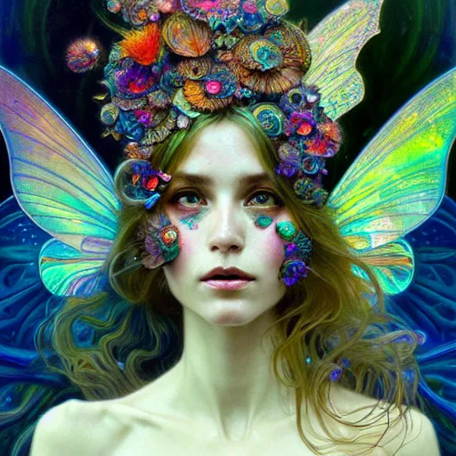 Image similar to An extremely psychedelic portrait of a fairy made of crystals, surreal, colorful, face, detailed, intricate, elegant, lithe, highly detailed, digital painting, artstation, concept art, smooth, sharp focus, illustration, art by Krenz Cushart and Artem Demura and alphonse mucha