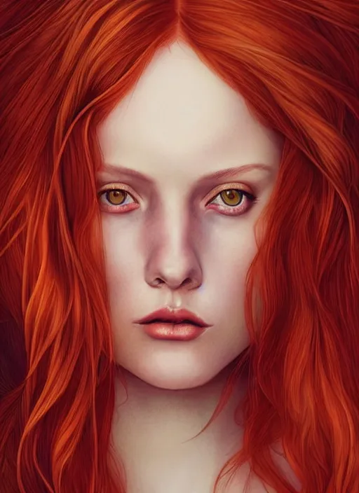 Prompt: dramatic ethereal full length illustration of a beautiful and red hair young woman in the art style of Martine Johanna, not realistic, anatomically correct, beautiful!! perfect face, enigmatic, volumetric golden dappled dynamic lighting, sharp focus, 8k high definition, insanely detailed, intricate, elegant
