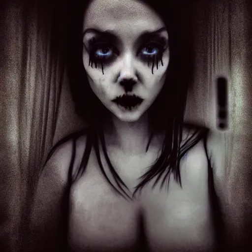 Prompt: cursed gloomy, grim, and dark selfie of a woman in a dark room!!!!!, photorealistic, grim and gloomy lighting, selfie!!!!!, spooky filter, halloween atmosphere, halloween art style, 4 k, 8 k