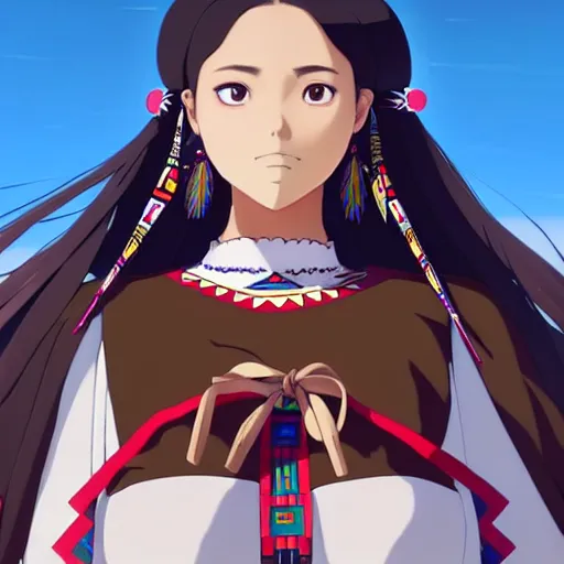 Image similar to a beautiful! plus sized native women instagram model, brown skin, wearing elegant catholic school girl designer fashion with mayan pattern and native style, aztec street fashion, gapmoe yandere grimdark, trending on pixiv fanbox, painted by greg rutkowski makoto shinkai takashi takeuchi studio ghibli, akihiko yoshida