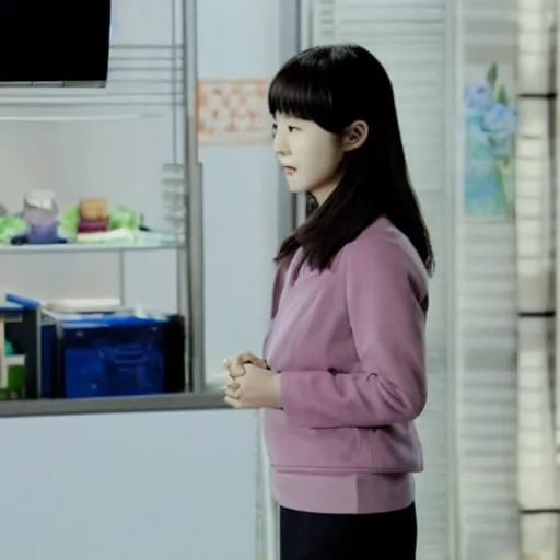 Prompt: movie still of the actress shin sae kyeong in the tv show the office