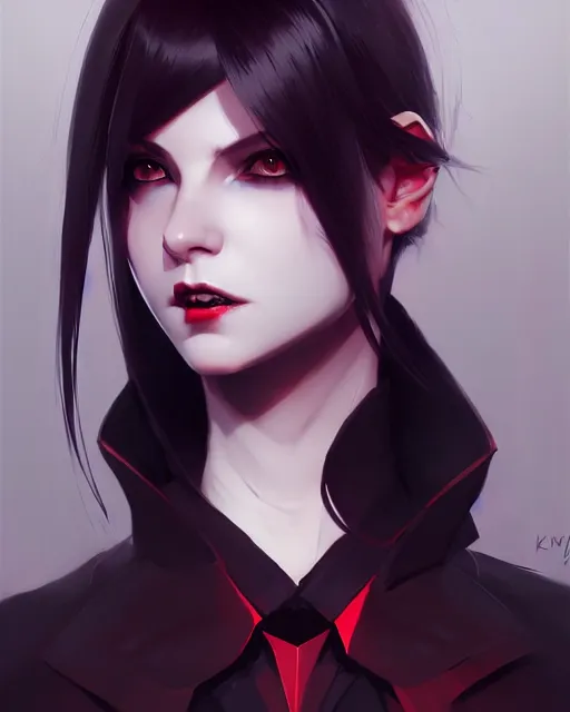 Image similar to sharp hq rendering, dark vampire, character portrait, concept art, painterly, fanart, highly detailed in the style of wlop by ilya kuvshinov, wenjun lin, angular asymmetrical design