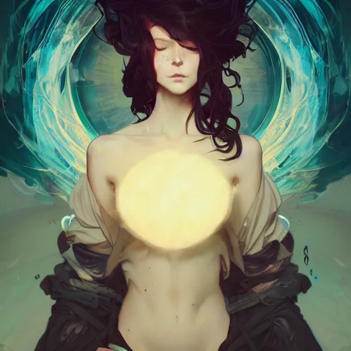 Image similar to breathtaking, art by peter mohrbacher, unreal engine, liquid, art by alphonse mucha, photorealistic dramatic anime boy, by wlop, ugly art, stylized, black background, ufotable art style, glitch art, photorealistic dramatic anime girl