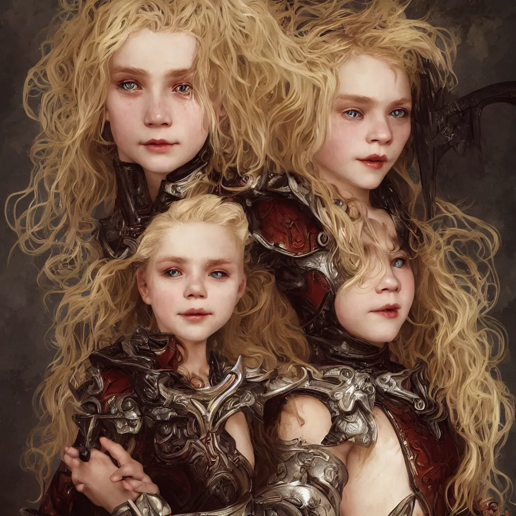 Image similar to portrait of a blonde vampire girl, child, freckles, smiling, messy curly hair, dark leather armor, sword, intricate and very beautiful and elegant, highly detailed, digital painting, artstation, concept art, smooth and sharp focus, cg by tian zi and wlop and alphonse mucha