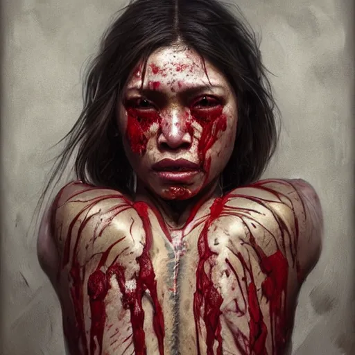 Prompt: portrait painting of a muscular bloodied nepali female butcher back, ultra realistic, concept art, intricate details, eerie, highly detailed, photorealistic, octane render, 8 k, unreal engine. art by artgerm and greg rutkowski and alphonse mucha